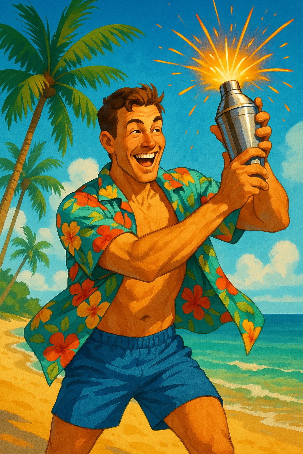 human male Unbuttoned Hawaiian shirt, swim trunks, shaking a cocktail shaker (sparks flying) emoji