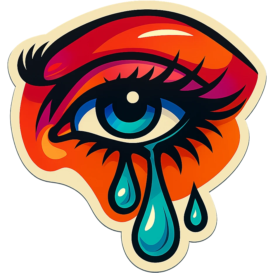Add more color vibrancy, create a colored tear with shadows and highlights, add shadows and highlights on the eyebrows, keep the dark beautiful female eyes with eyelashes, maintain sharp black outlines, in retro stickers style, no gradients, only sharp color transitions. emoji