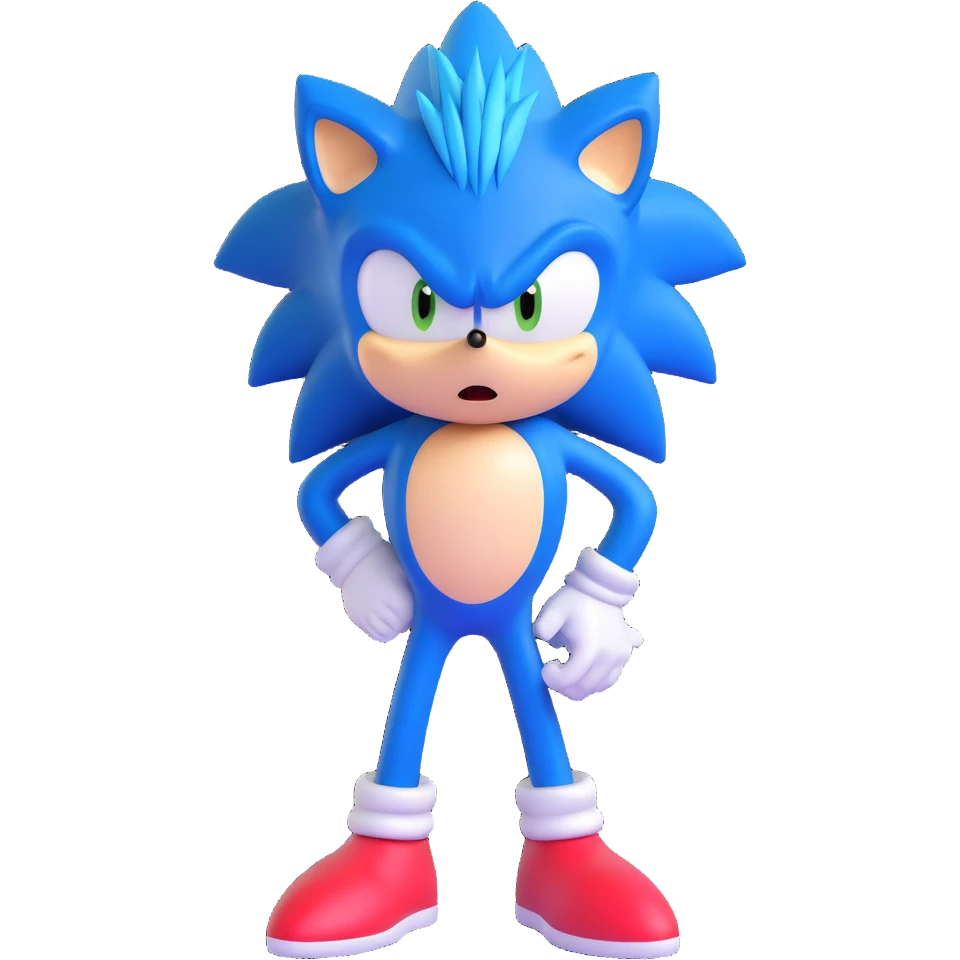 Sonic the Hedgehog, blue spiky hair, confident pose, 3D style emoji