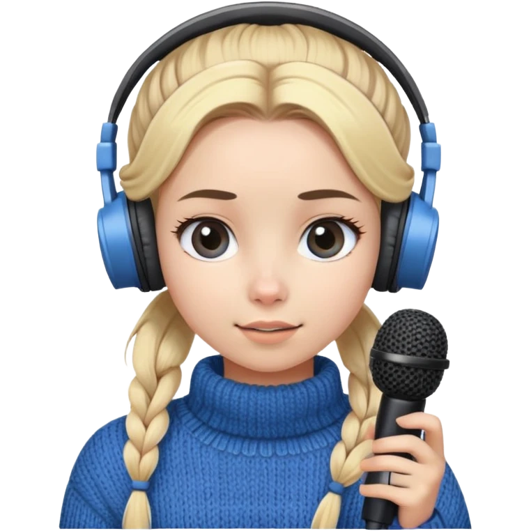 a cute face girl have bright white skin with blue knitwear with a blonde hair
bun and her job is a podcaster (recording
microphone in front of her not held and a
headphone in her head) emoji