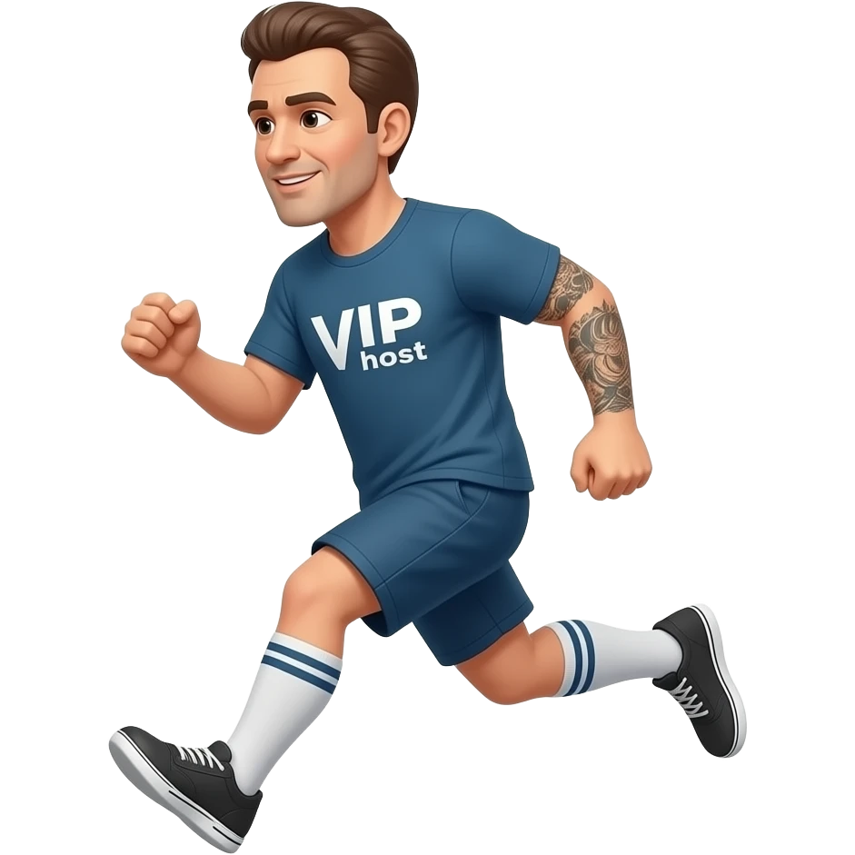 older man with brown hair, no facial hair, tattoo on one arm, and a shirt that says VIP host, running to the left emoji