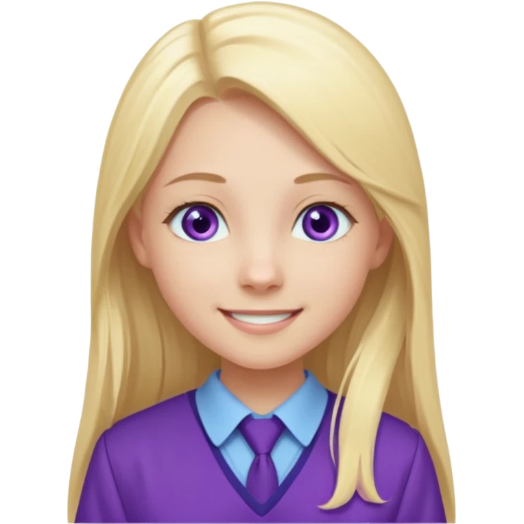 A pale girl with light blue eyes and long and blonde straight hair , smiling wearing a purple school uniform  emoji