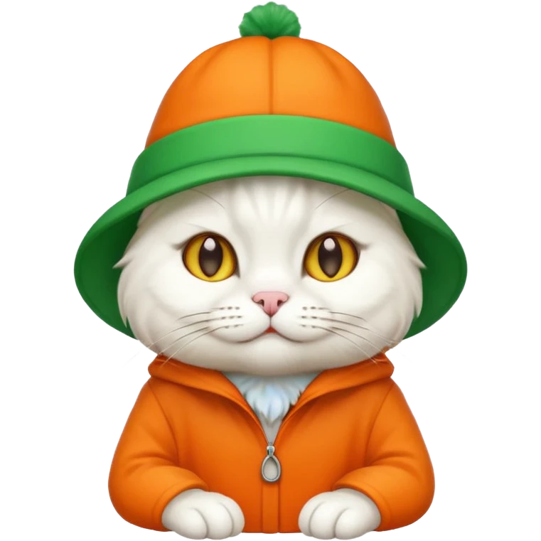 white cat with orange coat and green hat that says 'I'm cat', emoji style variation 4 emoji