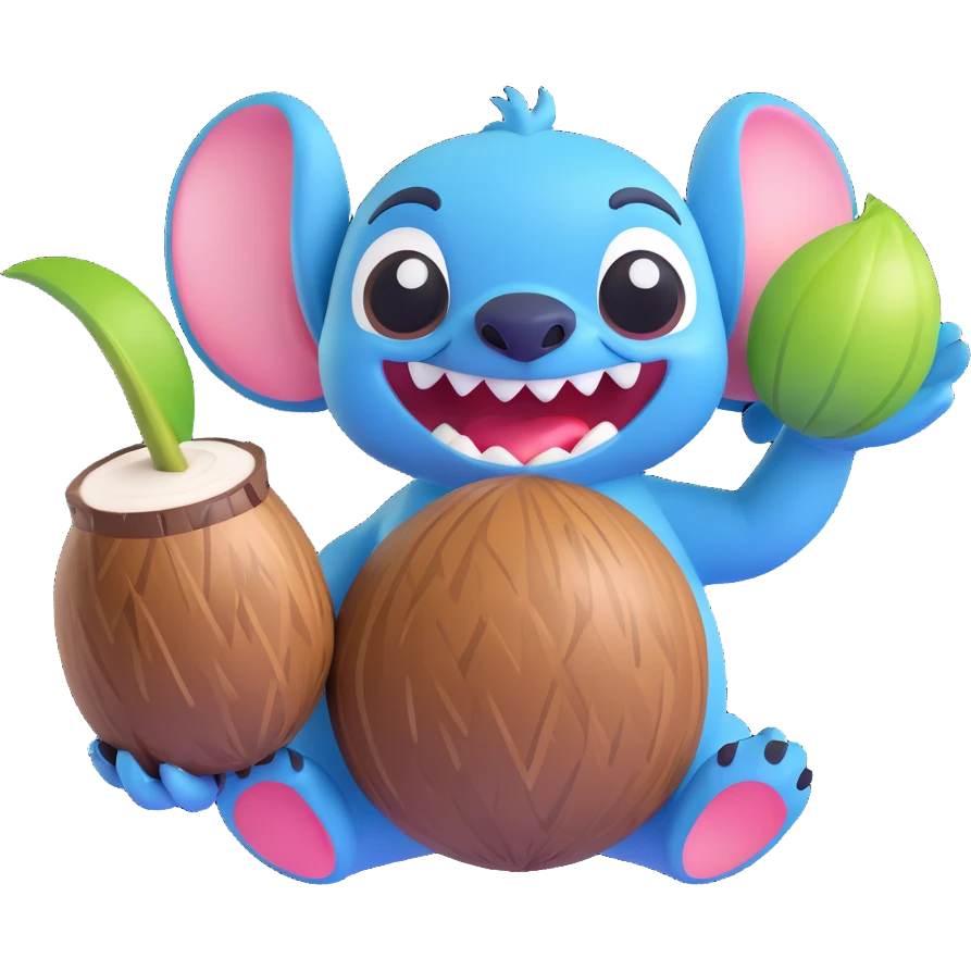 Stitch holding a coconut, grinning mischievously, 3D emoji style emoji