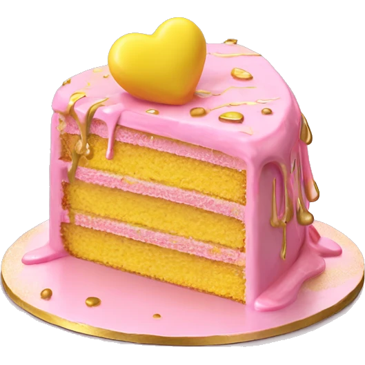 Realistic pink and yellow heart shaped layered cake with metallic gold icing dripping down the cake. emoji