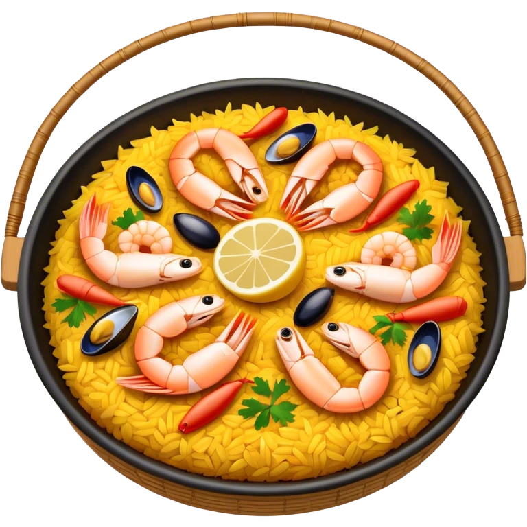 Cinematic Realistic Paella Dish Emoji, depicted as a vibrant, aromatic rice dish loaded with seafood, chicken, and saffron rendered with rich textures and dynamic, warm lighting. emoji