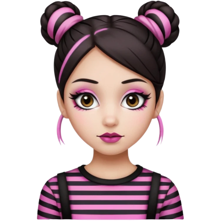 generate a pretty fair bratz girl with dark brown eyes. Dark brown hair straight hair with pink highlights tied into buns.  eyeliner. black lipstick. Wearing a white and black striped top emoji