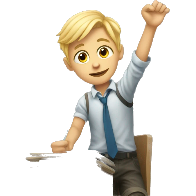 blonde boy is sitting at school desk, hand is raised emoji