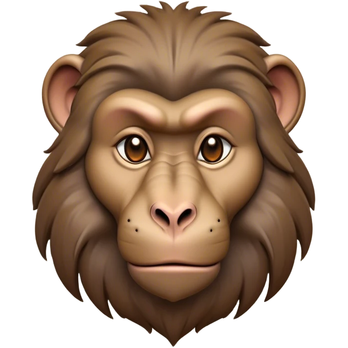 Cinematic Noble Baboon Portrait Emoji, Poised and regal, with a robust, muscular build and a richly textured Fur of earthy browns, deep-set soulful eyes with a mischievous glint, Simplified yet sharp and sophisticated features, highly detailed, glowing with a warm, dignified glow, high shine, intelligent and bold, stylized with an air of untamed urban majesty, focused and attentive, soft glowing outline, capturing the essence of a watchful and confident primate, so majestic it feels as though it could stride out of the screen with effortless authority! emoji