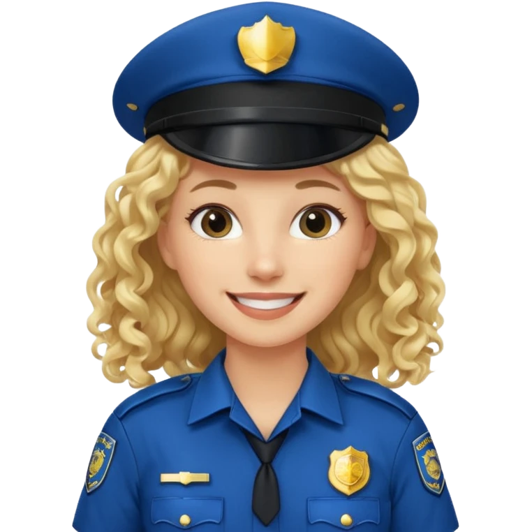 Female POLICE IN blue, long blonde curly hair, happy smile emoji