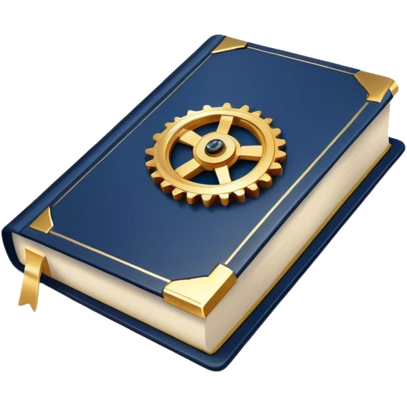 A navy blue book with gold details, metallic edges, and a golden gear with a chart with upward trend on the cover, radiating productivity, strategy, and success in motion- emoji