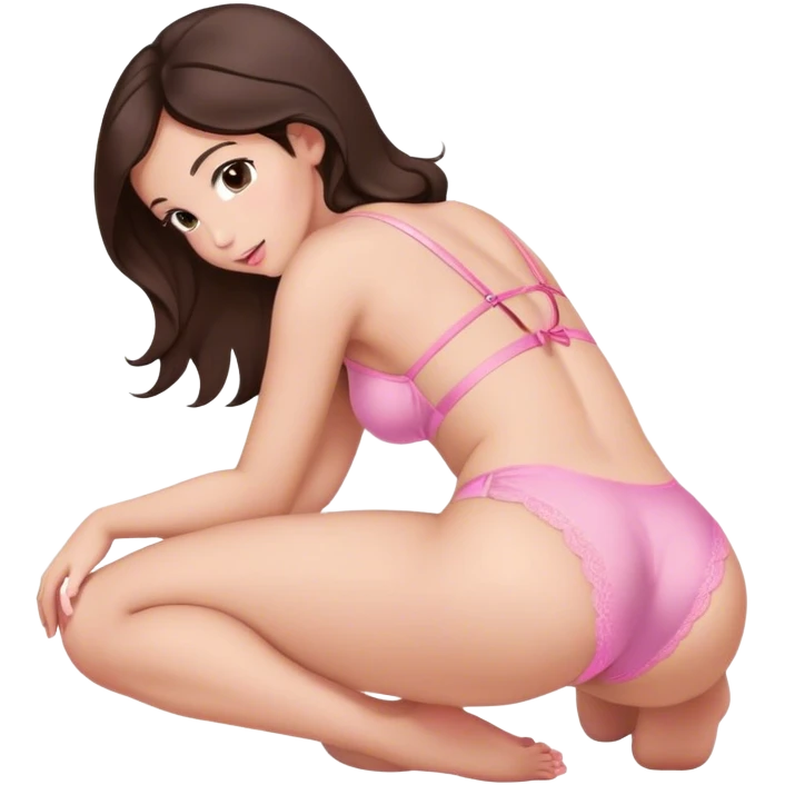 brunette intimate sfw cute pink lingerie pose bending arched curved IN back on hands and knees face down from behind emoji