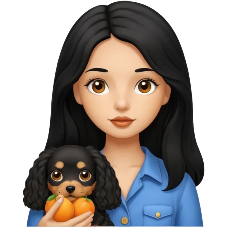 Italian girl very long straight black hair black eyes button  nose full lips tan skin holding apricot Cavapoo dog emoji