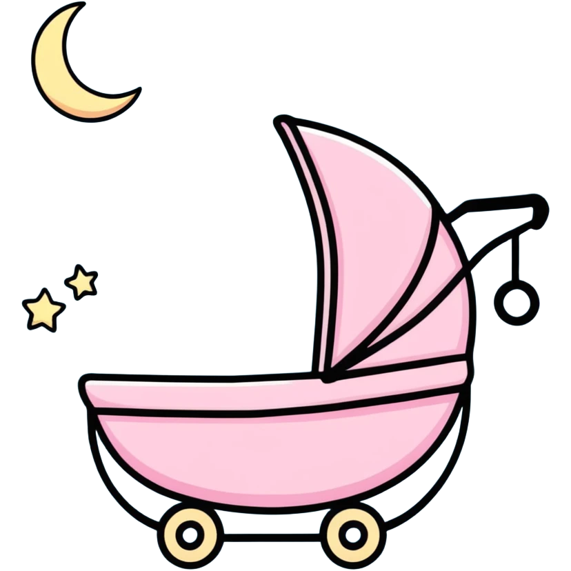 sleeping baby in pink and beige stroller under a crescent moon with sparkling stars and pastel blue clouds emoji
