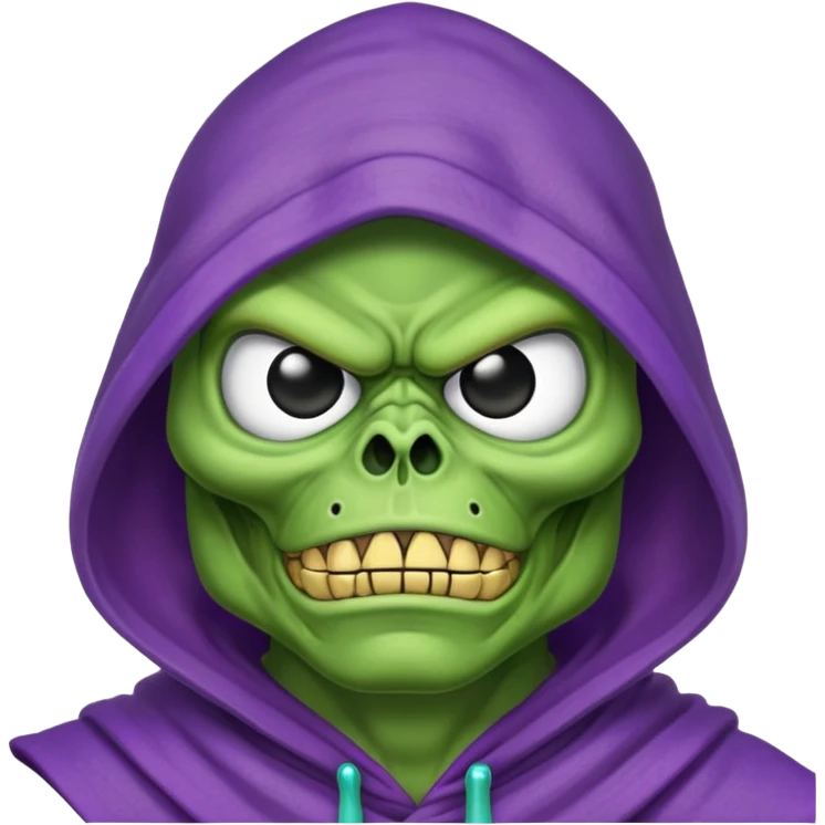 Skeletor character from He-man in purple hood, but in pepe frog style emoji