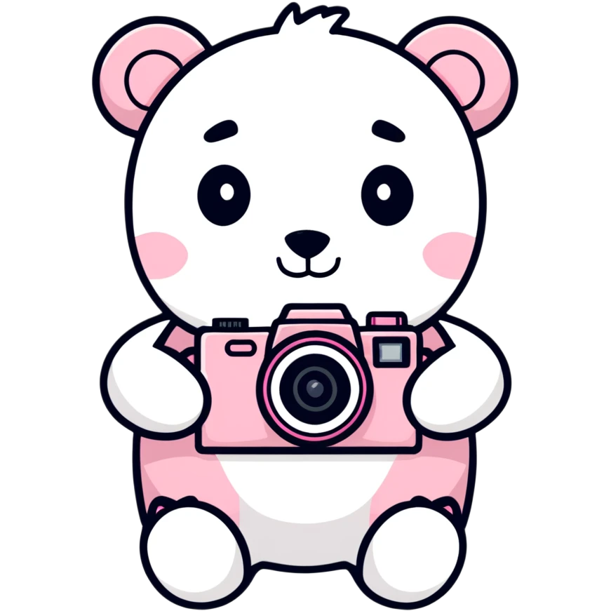 White teddy bear with a pink camera emoji