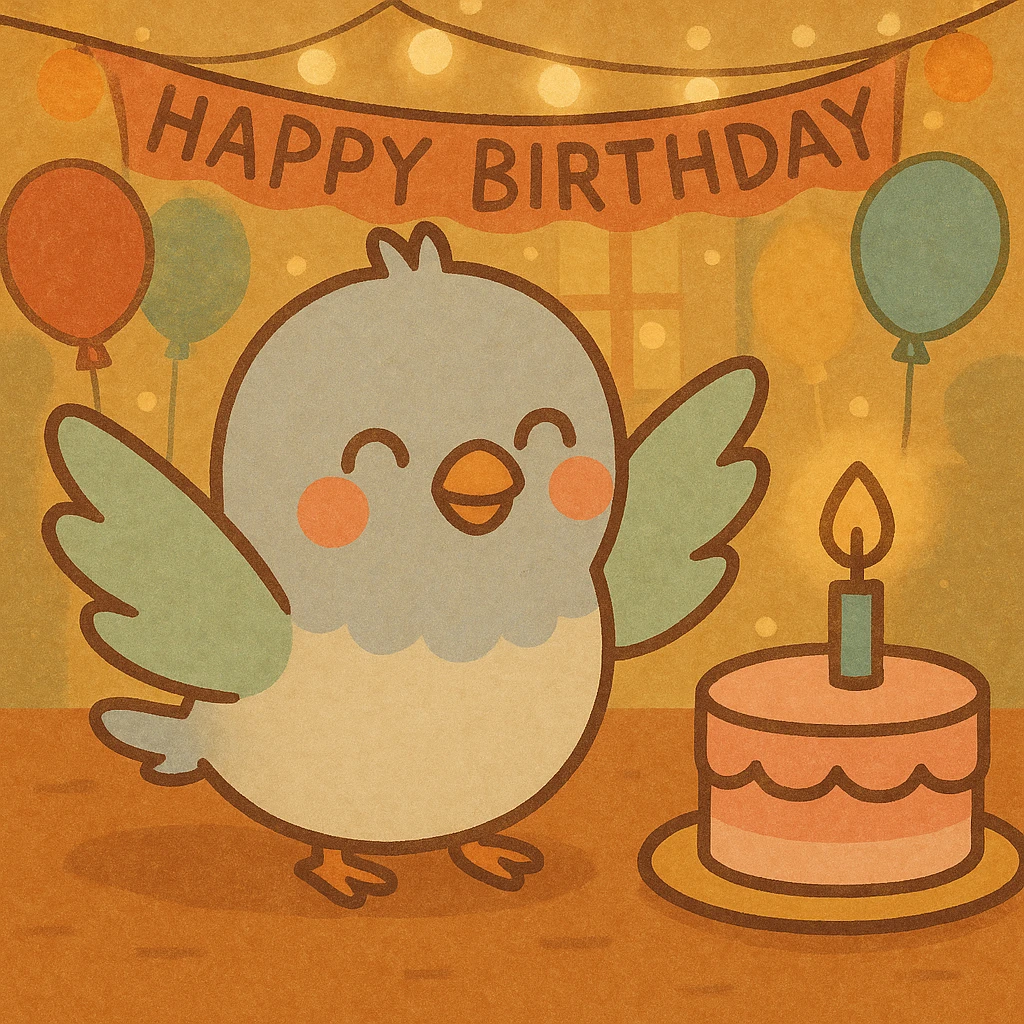 Change the background to a party venue with balloons, banners, and bright lighting. Keep the baby pigeon happily looking at the birthday cake as is. The atmosphere should be lovely and charming. emoji