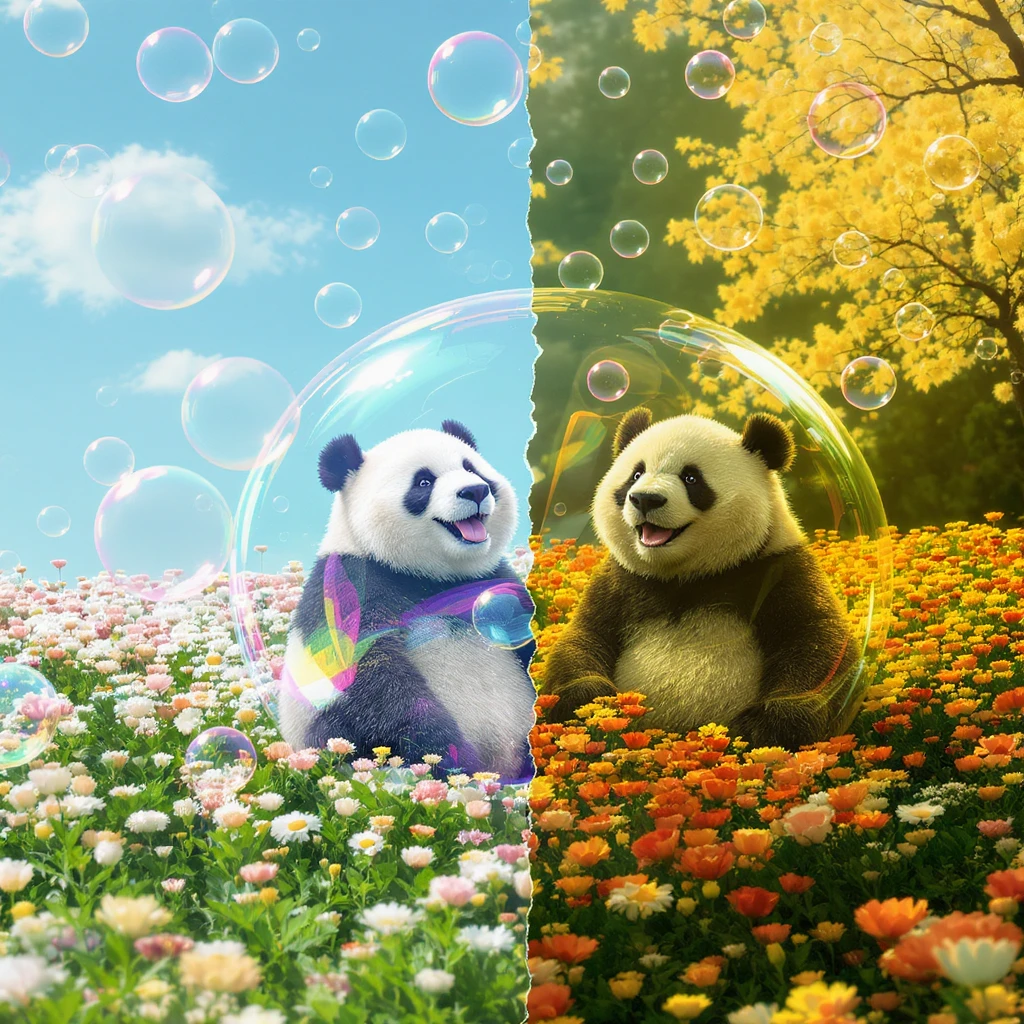 Cinematic still pandas bears sitting inside bubbles flying over field full of flowers, sunny summer day, happy vibe, minimalisic, composition splited to half (sky and flowers) emoji