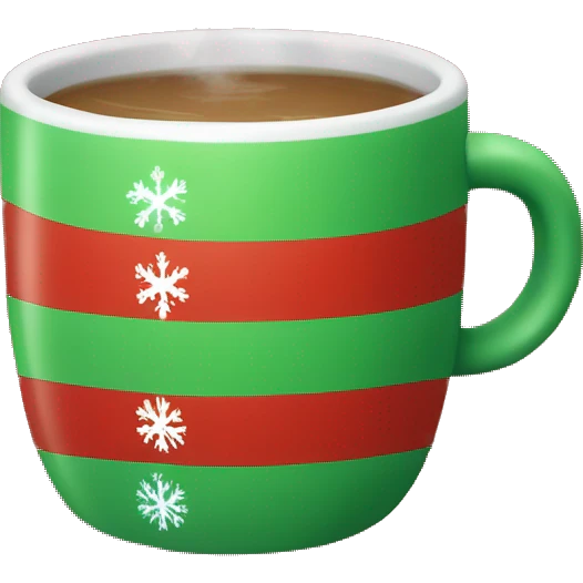 mugs with a hot drink decorated with snowflakes or a striped caramel stick. Steam rises from the mug in the shape of hearts. The color of the mug is warm red or green to convey the New Year mood emoji
