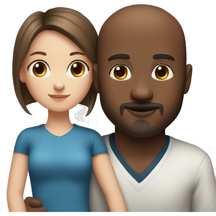 Beautiful Girl with blue eyes and long brown hair and boy with brown hair cuddling, Bald black man with goatee  emoji