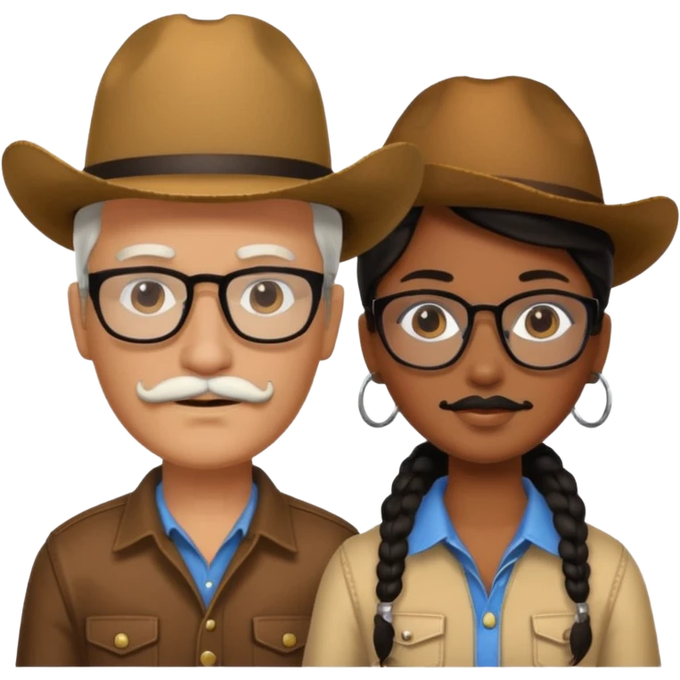 White brown cow boy with black glasses and mustache with a black black girl emoji