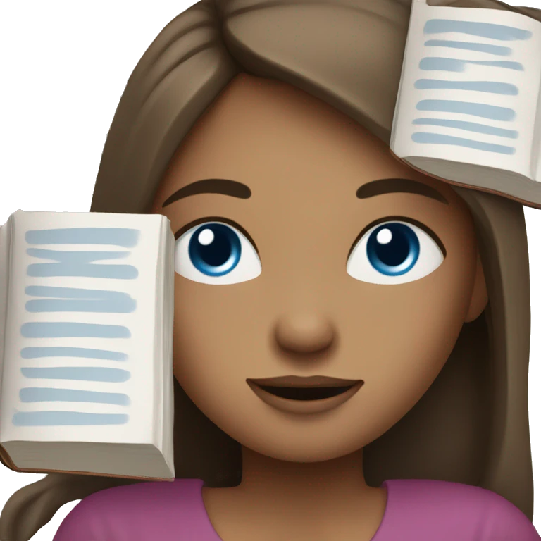 girl with long brown hair, blue eyes and book or laptop emoji