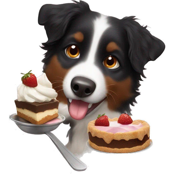 Small black australian shepherd dog eating dessert  emoji