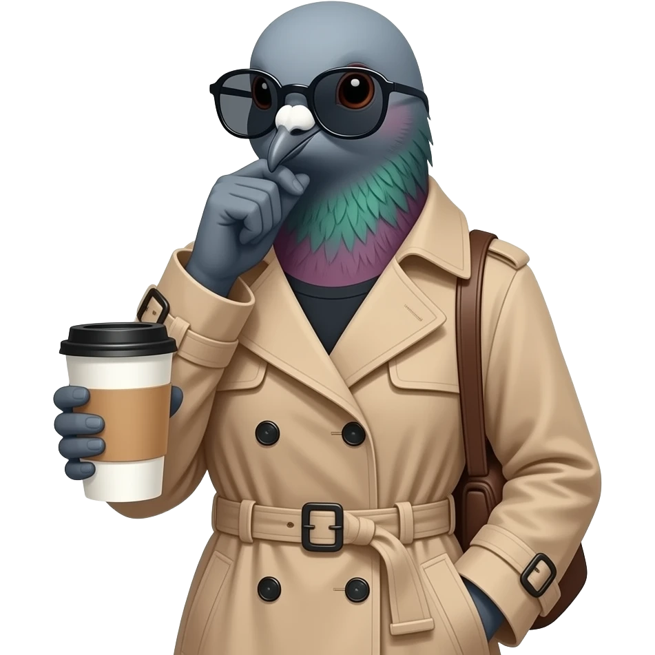 female manhattan pidgeon wearing sunglasses and a belted trench coat carrying a large coffee and minding his own business emoji