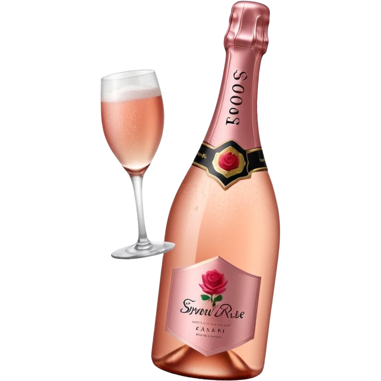 bottle of sparkling rosé champagne with a rose logo on the label, tilted up and to the left, no glass emoji