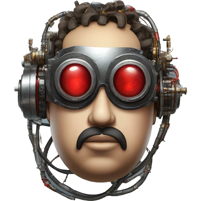 Fat cyborg head with red steampunk goggles, black goatee and circuits emoji