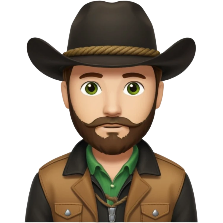 yellowstone ranch cowboy with brown beard & green eyes, black cowboy hat with plain black rope and no jewel, black shirt, and leather tan jacket emoji