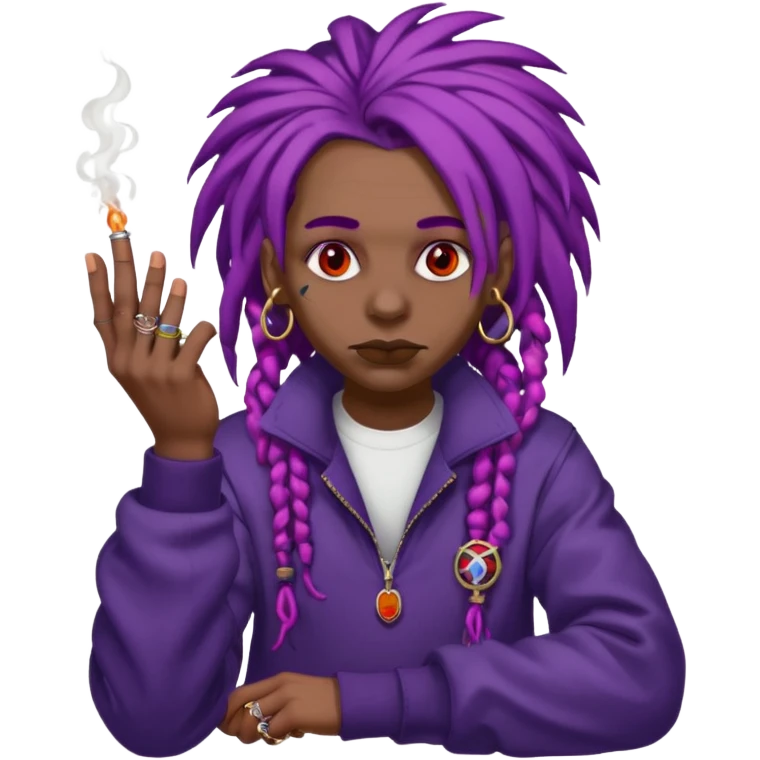 A purple weed smoking emoji with purple dreads, red eyes, hands full of rings, and wearing airforce1 shoes  emoji