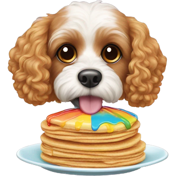 Cavapoo dog eating rainbow pancakes emoji