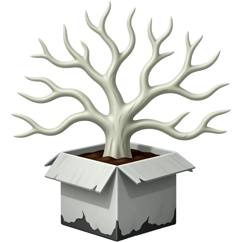 3d - white bare haunted tree grows from a dilapidated white box emoji
