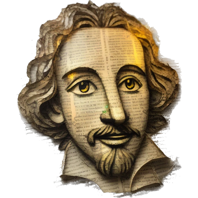 Glowing Shakespeare made of newspaper and 420 hemp leaves and bokeh fairy lights lanterns stained glass, bokeh, annotated sketch, handwritten letters, collage of intricate patterns, lantern emoji