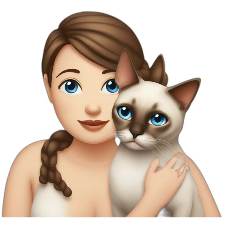 Blue-eyed fat girl with brown hair with siamese cat and miniature pincher emoji