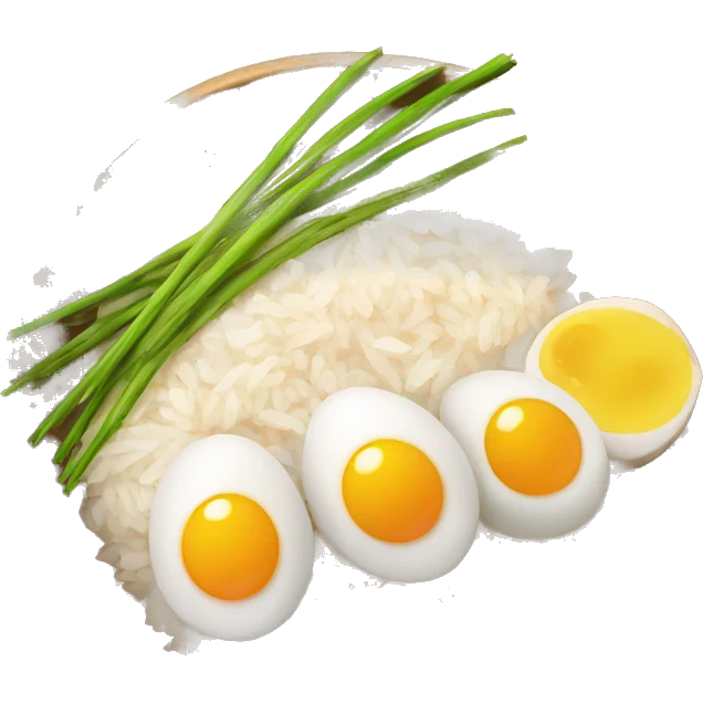 a bowl of rice with two eggs and two whole chicken emoji