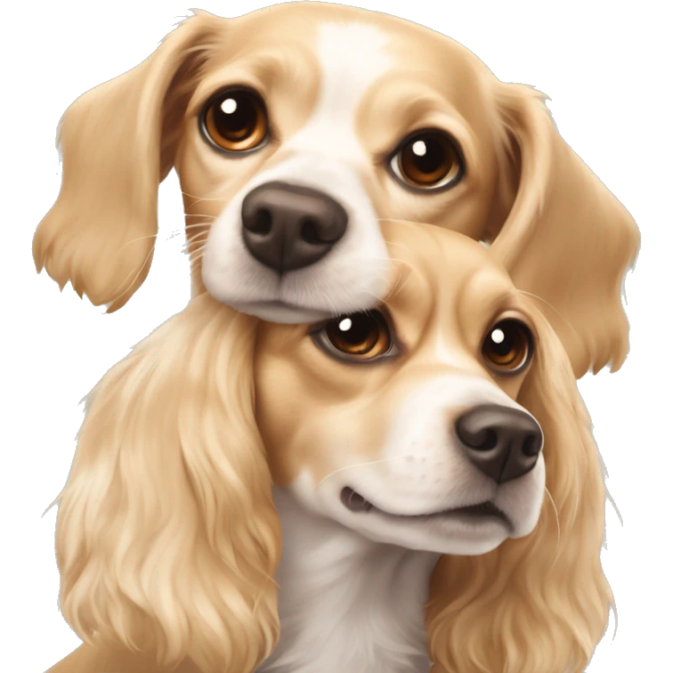 Tan and white chihuahua cocker spaniel mix happy, shorter ears + blonde girl snuggling the dog emoji