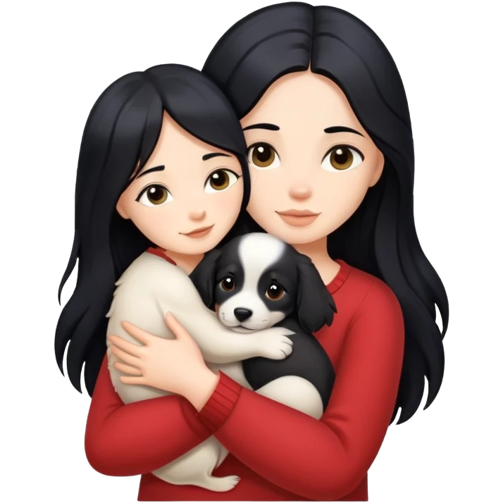 A woman with long black hair hugs a puppy tightly emoji