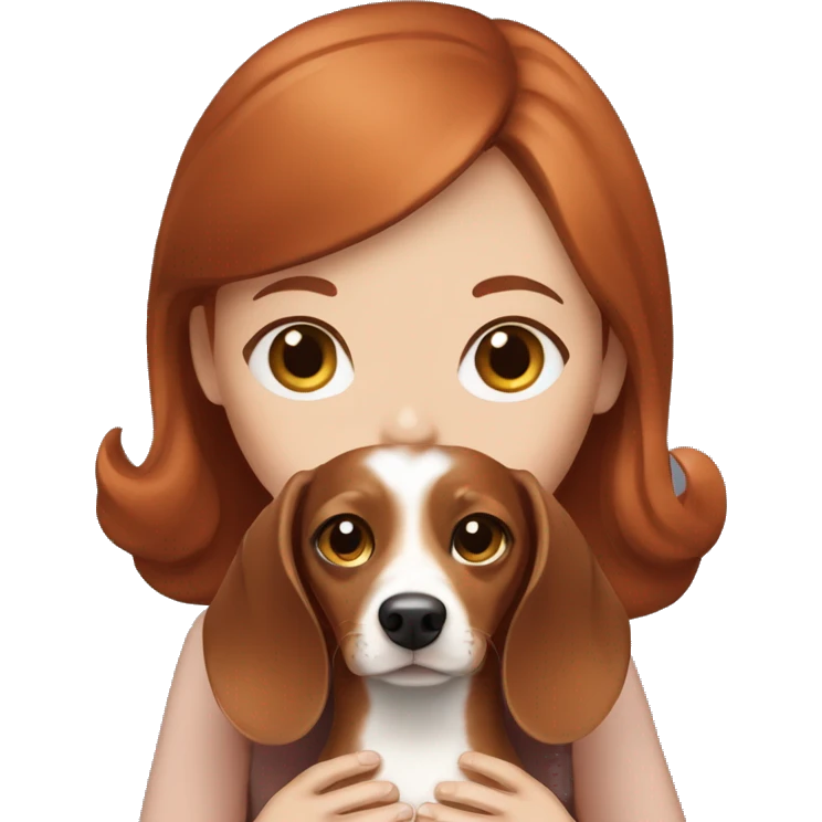 Auburn haired girl with blue eyes holding a cream dachshund  emoji