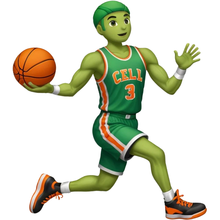 Cell from the anime-dragonball dunking a basketball with a jersey name cell emoji