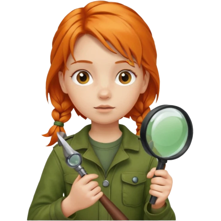braid orange haired girl kid in moss green explorer outfit, holding magnifying glass emoji