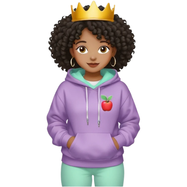 Black girl, clean girl aesthetic, 4C curly hair in a puff, pastel hoodie, white sneakers, minimal jewelry, soft smile, cozy vibe, bright colors, Apple-style emoji cru emoji