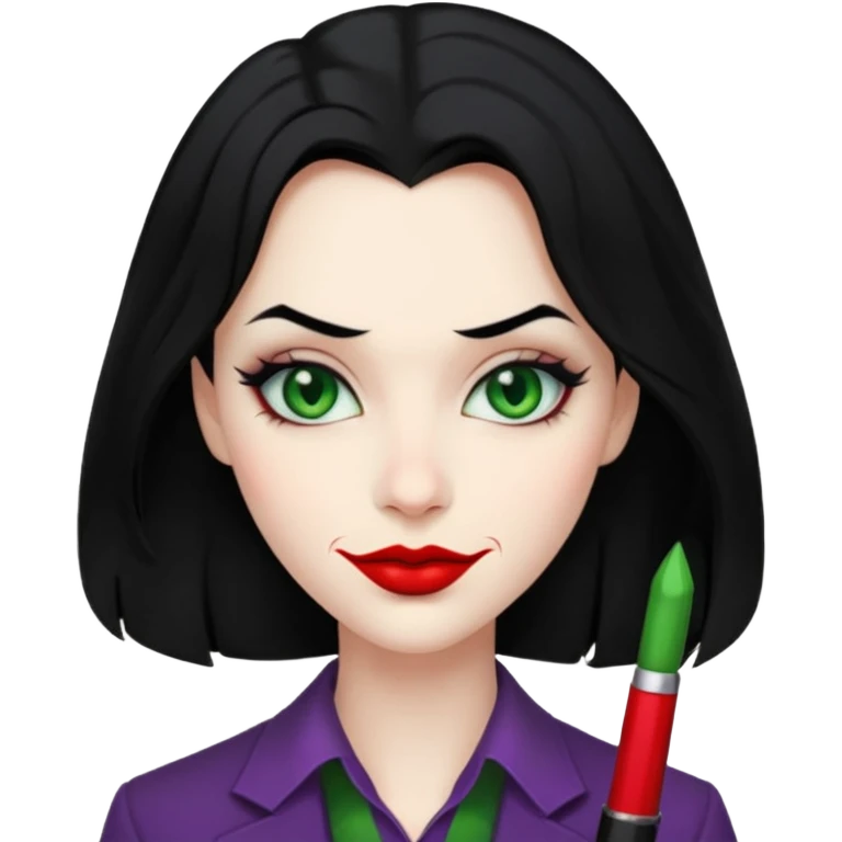 Faça uma pessoa com cabelo preto e pouco grande para frente com cara de coringa emoji