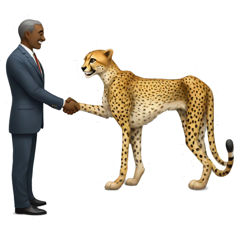 A cheetah in a classic suit shakes hands with a man  emoji