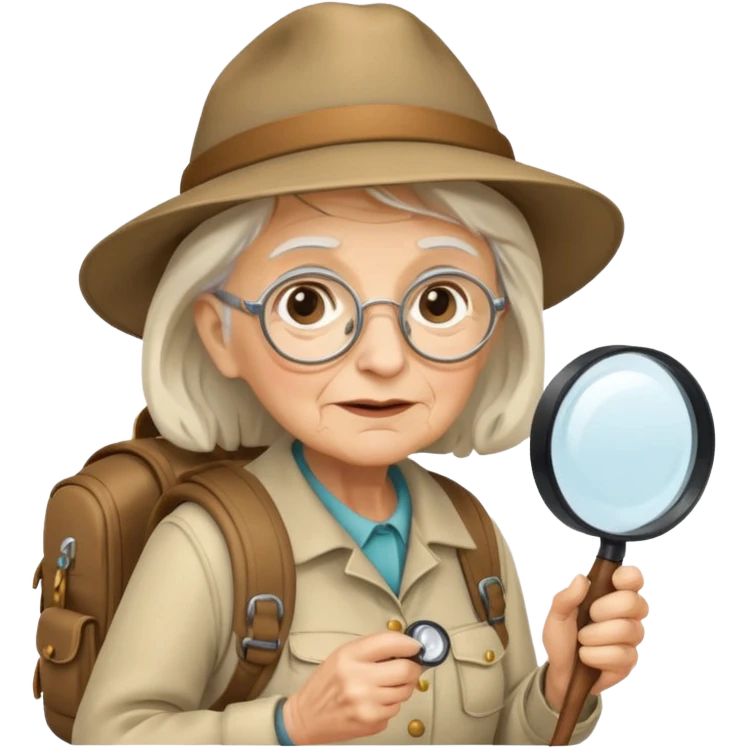 Explorer old woman backpack and magnifying glass, voyarer emoji