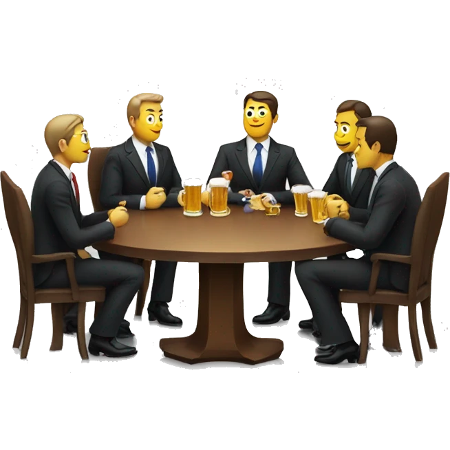 a business meeting of serious businessmen in suits at a round table, drinking beer. emoji