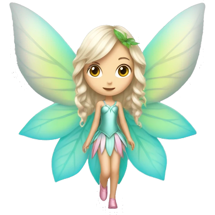 Beautiful, leaf, fairy, silver, light skin, turqoise, pink outfit , long blond hair, big wings emoji