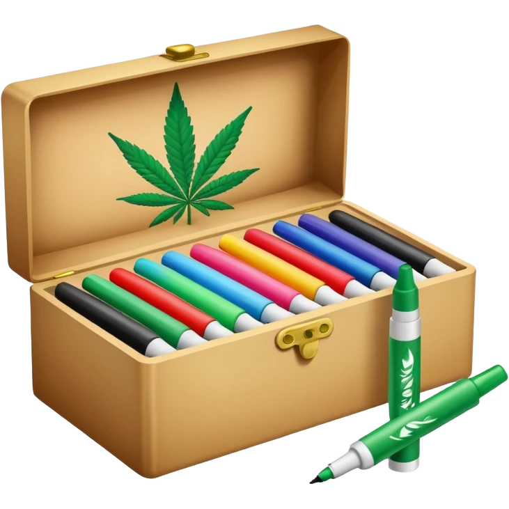 a box of colorful permanent markers with cannabis leaf emoji