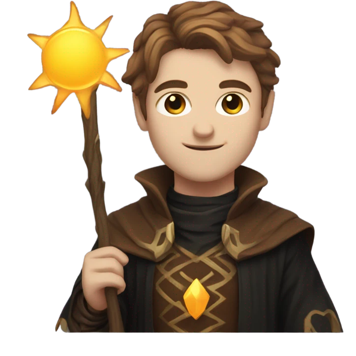 A sun warlock who is pale with brown hair and is holding a black kitten emoji